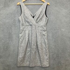 Ann Taylor LOFT Dress Women 6 Metallic Silver Linen V-Neck Sheath Dress Pockets